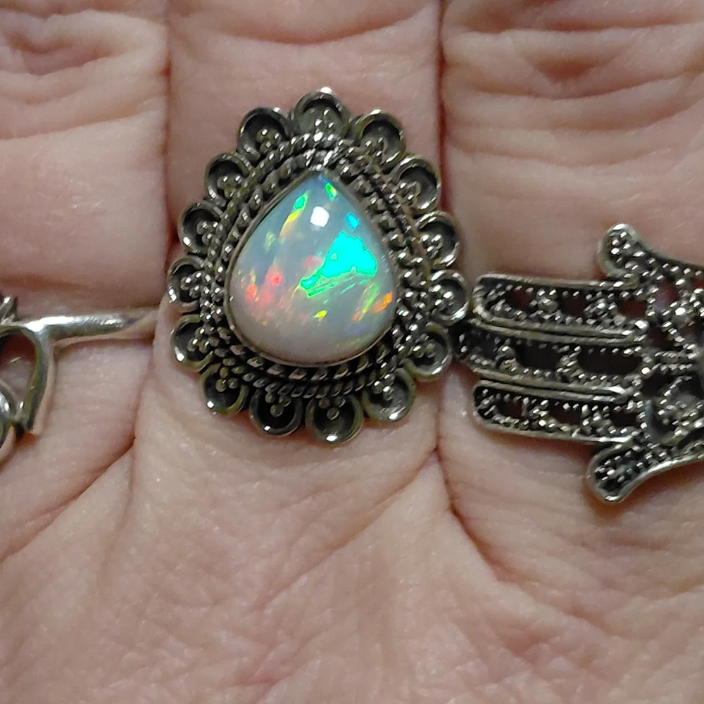 Vintage Style Ethiopian Opal Silver Ring Size 8.25